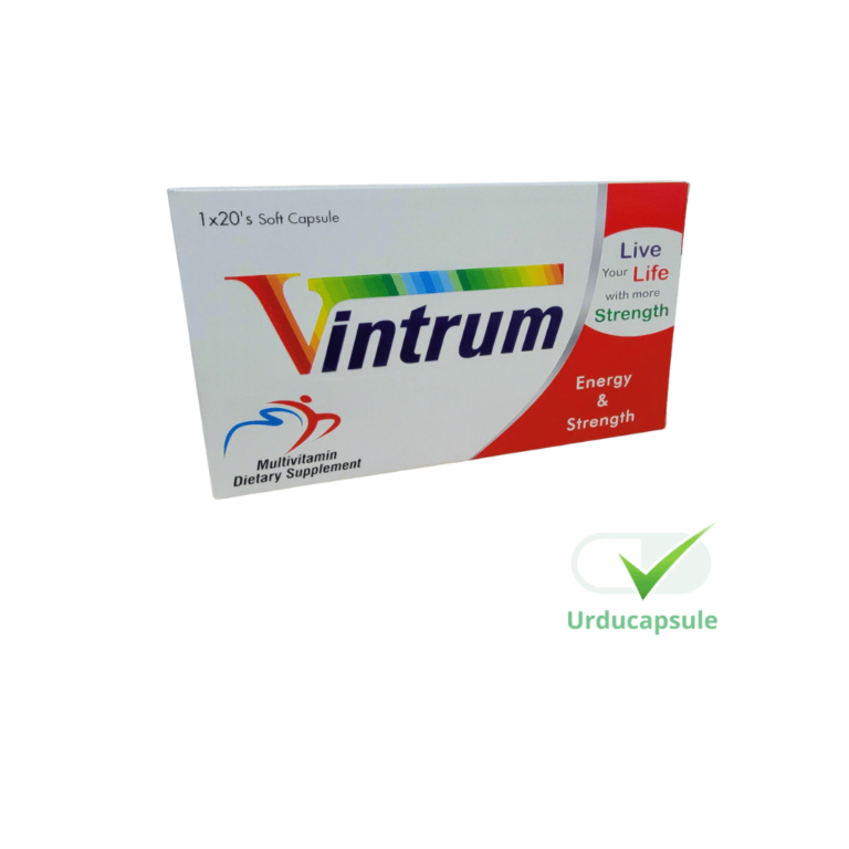 vintrum tablet image shoeing its box, and label including uses, side effects